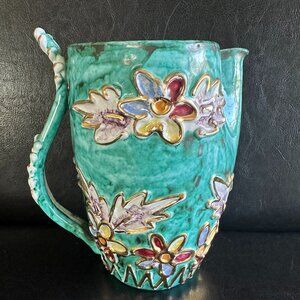 Artisan Studio Pottery Turquiose & Gold Floral Motif Glazed 8" Pitcher Italy 80s